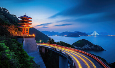 In the evening, the Chinese pavilion on the rocks by the seaside lights up