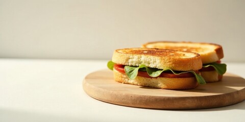 Delightful toasted sandwiches with fresh tomato and leafy greens, artfully arranged on a rustic wooden board, bathed in sunlight