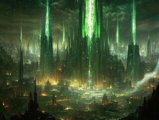 A dark, futuristic cityscape illuminated by green beams, suggesting advanced technology and mystery.