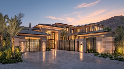 Luxurious modern house at dusk.