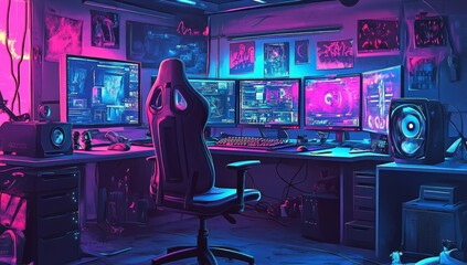 Neon-lit gamer room with multiple monitors, gaming chair, and audio equipment.