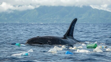 pristine seas pollution concept. A whale swims through ocean plastic debris.