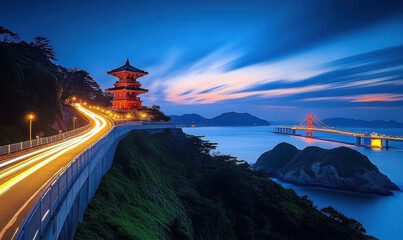 In the evening, the Chinese pavilion on the rocks by the seaside lights up