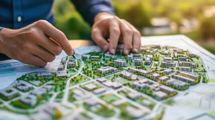 Fototapeta premium A person analyzing a detailed architectural model of a planned community.