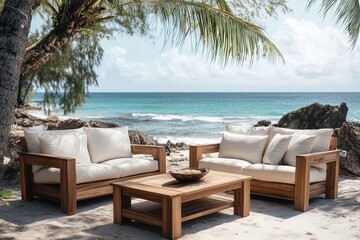 Carnegie Hall-inspired teak garden furniture set with coffee table and armchairs on a beach, showcasing natural wood texture and coastal view.