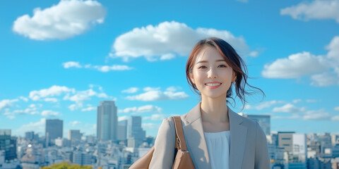 青空とビジネス街を背景に女性会社員のポートレート