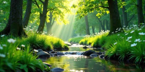 Obraz premium Serene Stream Flowing Through a Sun-Dappled Forest, Adorned with Delicate White Blossoms
