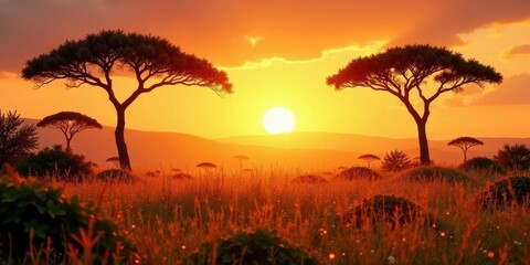 Fototapeta premium Golden Hour Savanna Two Majestic Umbrella Acacias Silhouette Against a Vibrant Sunset Sky Over Lush Grassland