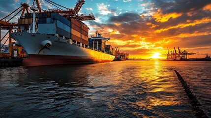 Cargo ship at sunset port. Concept of global trade, logistics, and international shipping.