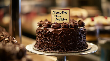  Allergy-free chocolate cake on display with informational sign