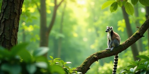 A ring-tailed lemur peacefully perched on a mossy branch, basking in the sunlight filtering through a lush green forest canopy.