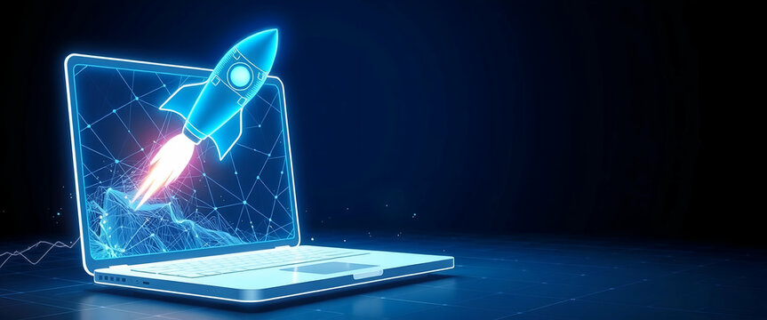 Startup Concept. Rocket Flying Out of Laptop Screen From Lines, Triangles and Low Poly Style Design. copy space