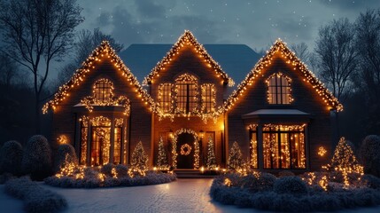 Festive house adorned with Christmas lights at night.