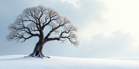 Solitary Frost-Covered Tree on a Snow-Dusted Plain Under a Pale Winter Sky