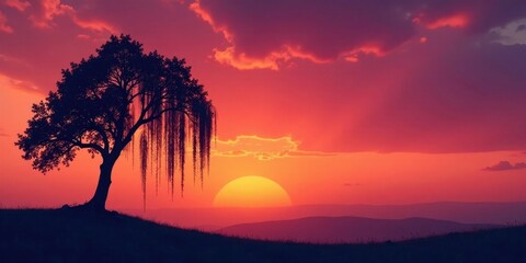Fototapeta premium Serene Sunset Silhouette Weeping Tree on a Hilltop at Dusk