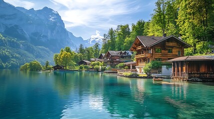Naklejka premium Alpine Lakeside Village, Scenic Swiss Village by the Lake. Tranquil Mountain Scenery.