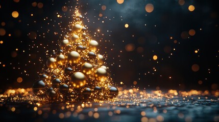 Obraz premium Golden Christmas tree with sparkling lights.