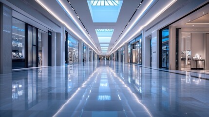 Luxurious empty shopping mall corridor with reflective floor and skylights.