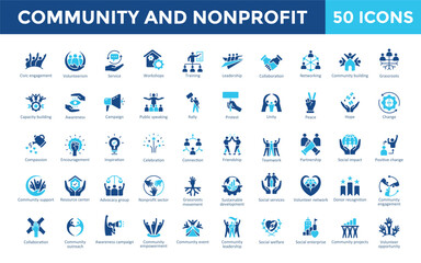Community and Nonprofit icons set with civic engagement, volunteerism, service, workshops, training, leadership, collaboration, networking, community building, grassroots icon. Simple flat vector 
