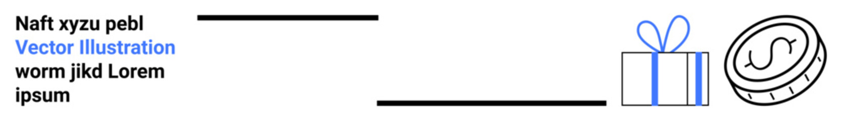 Gift box with bow and coin, connected by horizontal lines and dummy text. Ideal for finance, gifting, e-commerce, rewards, marketing, promotions holiday sales. Landing page