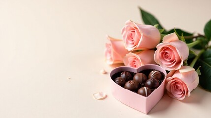 A heart-shaped box of delectable chocolates rests beside a bouquet of delicate pink roses, a sweet and romantic arrangement.
