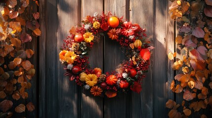 Autumnal wreath with berries, flowers, and leaves on rustic wooden background.