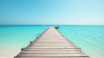 Fototapeta premium Serene Wooden Pier Extending into a Tranquil Turquoise Ocean Under a Bright Summer Sky