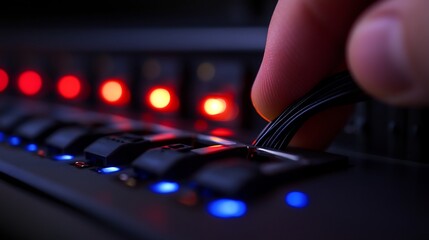 Close-up of a Hand Connecting Cables to a Illuminated Device