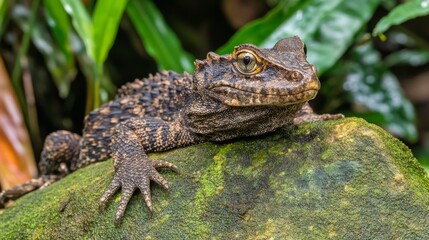 Obraz premium Close-Up of a Unique Lizard Posing on a Mossy Rock in a Lush Tropical Environment with Vibrant Green Foliage in Background, Highlighting Its Detailed Texture and Features