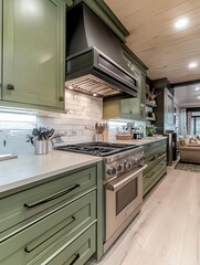 Fototapeta premium Modern Green Kitchen With Stainless Steel Appliances