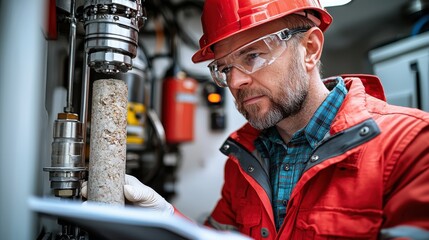 Engineer examining a concrete core sample in a laboratory, wearing a red safety helmet and glasses, ensuring quality and strength analysis in a controlled environment.