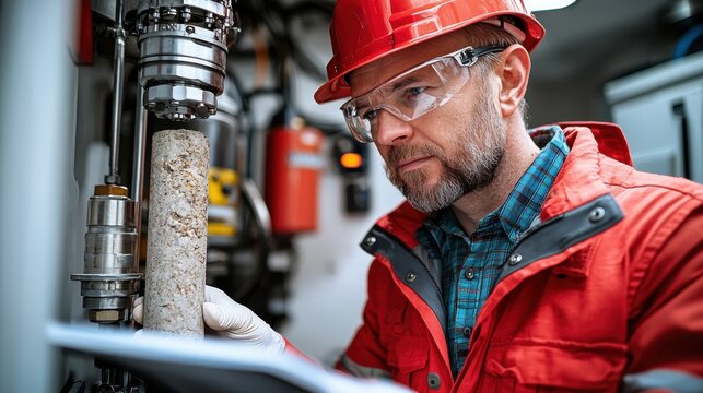 Engineer examining a concrete core sample in a laboratory, wearing a red safety helmet and glasses, ensuring quality and strength analysis in a controlled environment.