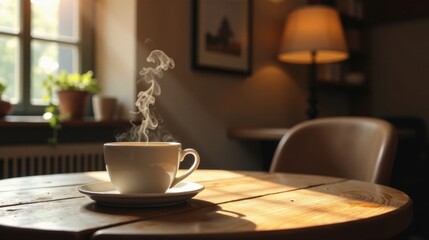Aromatic steam rises from a warm beverage in a white mug, resting on a rustic wooden table bathed in sunlight, a tranquil scene within a cozy interior setting.