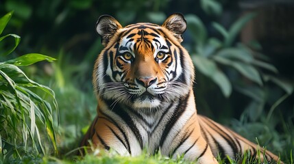 Fototapeta premium Majestic Sumatran Tiger in Lush Jungle. Wildlife, Conservation, Endangered Species.