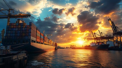 Naklejka premium Cargo ship at sunset port. Global trade and logistics concept.