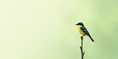 Fototapeta premium A Vivid Yellow and Green Bird Perched on a Slender Twig Against a Soft Green Background