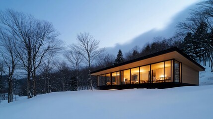 Modern glass cabin illuminated at dusk in snowy landscape.