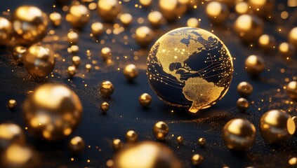 Golden spheres surround a dark globe.