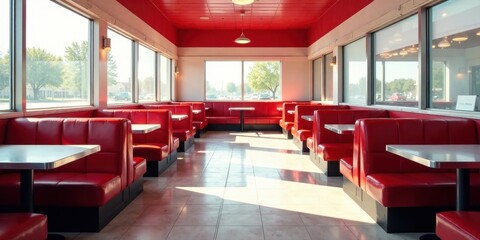 Empty red vinyl booth diner interior with bright sunlight streaming through large windows
