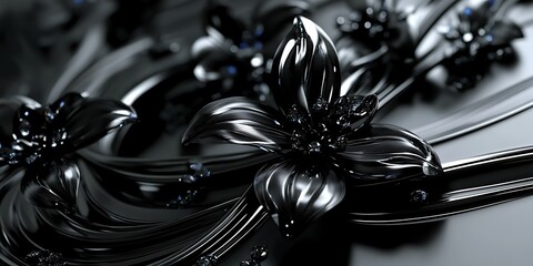 Dark, metallic flowers with glossy petals and blue accents, arranged on a flowing, black surface.