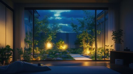 Serene night garden view from minimalist room.