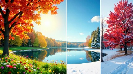 Serene Seasonal Landscape A Tranquil Lake Reflecting the Beauty of Spring, Summer, Autumn, and Winter