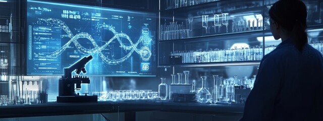 Scientist analyzing DNA data on futuristic screen in a high-tech lab.