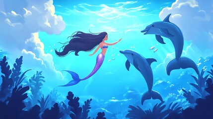 Naklejka premium 2D cartoon of a mermaid swimming with dolphins in the ocean.--ar 16:9