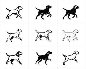 Set of  Dog Silhouette Illustrations in Various Poses. Labrador silhouette, dog vector set.
