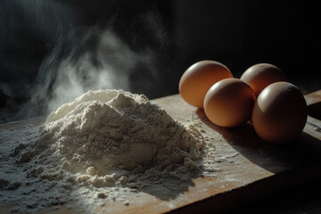 A rustic kitchen scene featuring flour and eggs, ideal for baking.