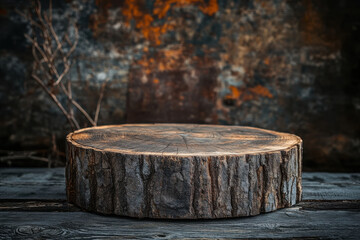 A rustic wooden log slice on a weathered surface, showcasing natural textures and colors.