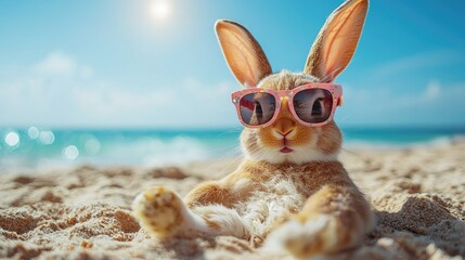 A relaxed rabbit wearing sunglasses on a beach, enjoying a sunny day.