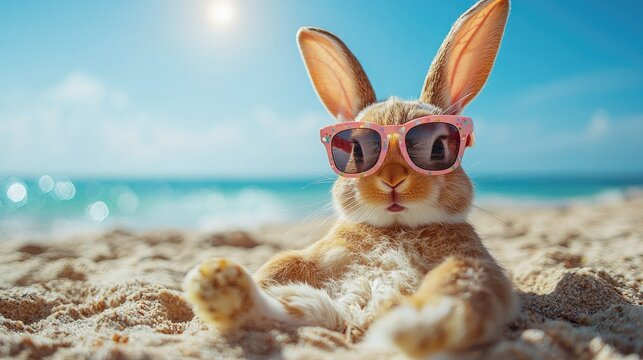 A relaxed rabbit wearing sunglasses on a beach, enjoying a sunny day. - Powered by Adobe