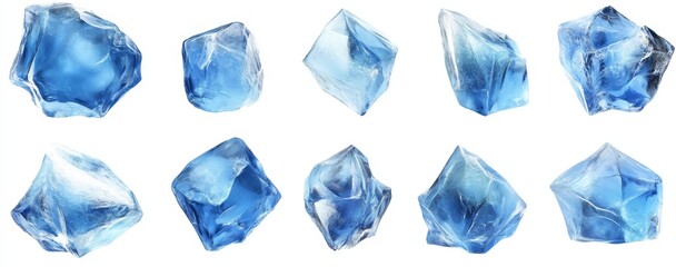 Obraz premium Collection of blue ice cubes on white background.